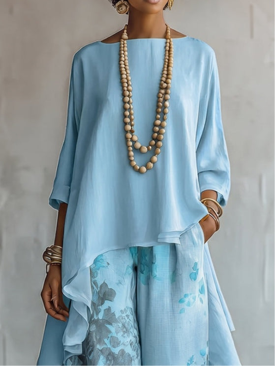 Elin | Chiffon Asymmetrical Top & Floral Wide-Leg Pants Set