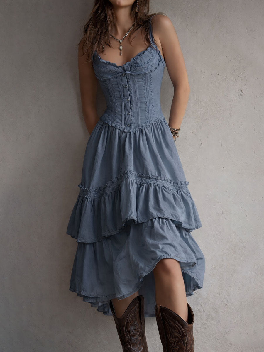 Demelza | Retro Boho Corset Tiered Midi Dress
