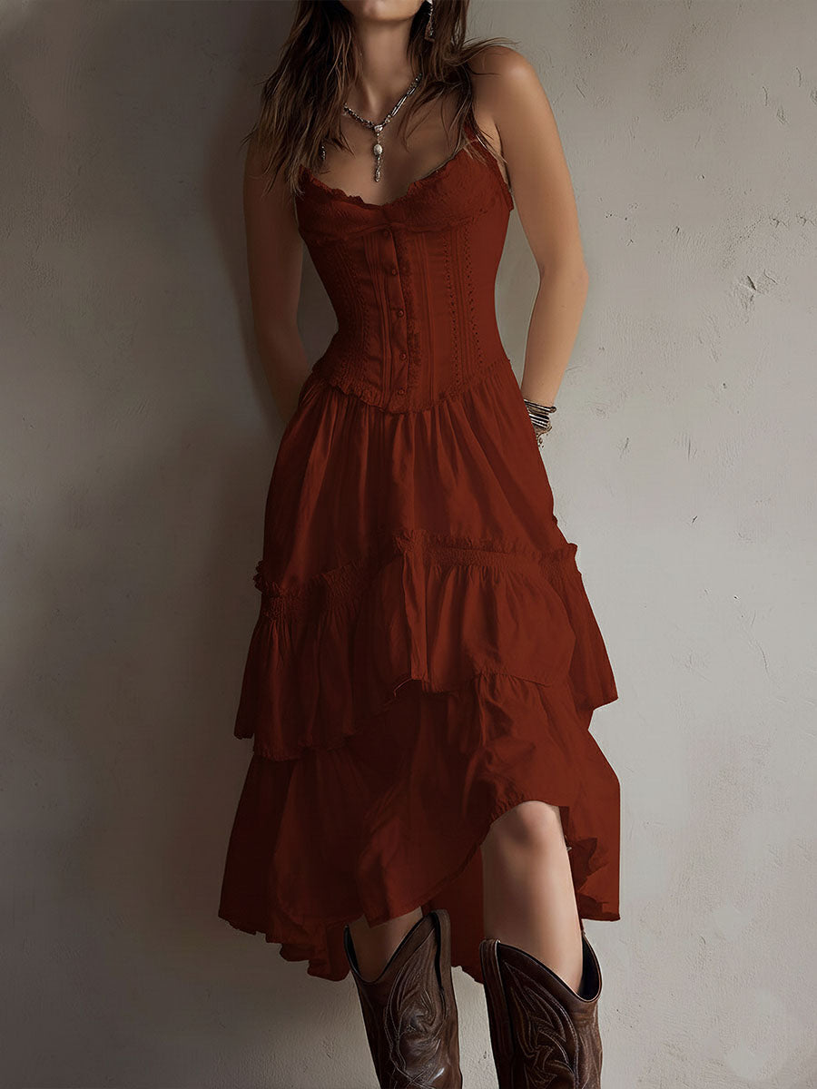 Demelza | Retro Boho Corset Tiered Midi Dress