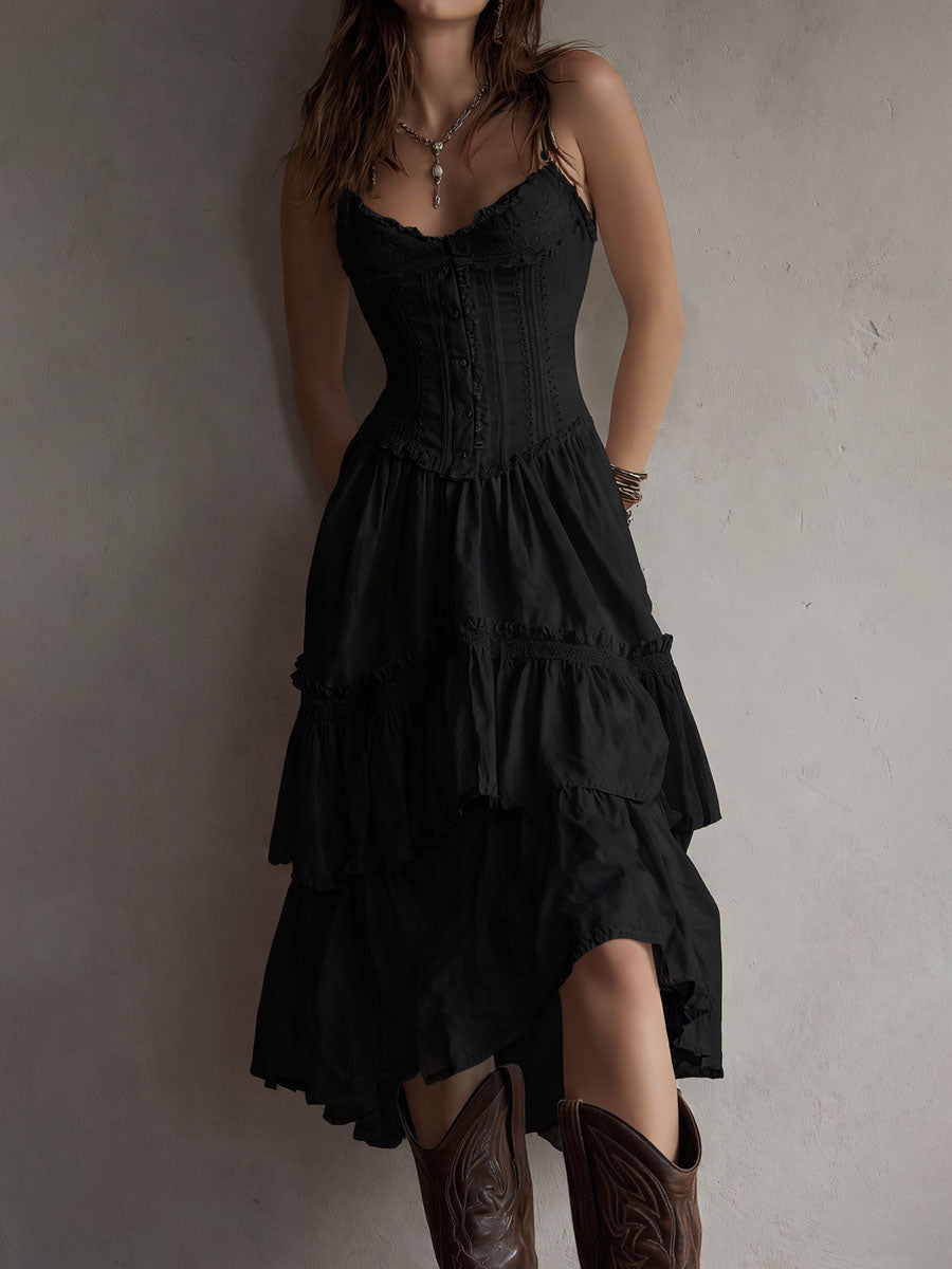 Demelza | Retro Boho Corset Tiered Midi Dress