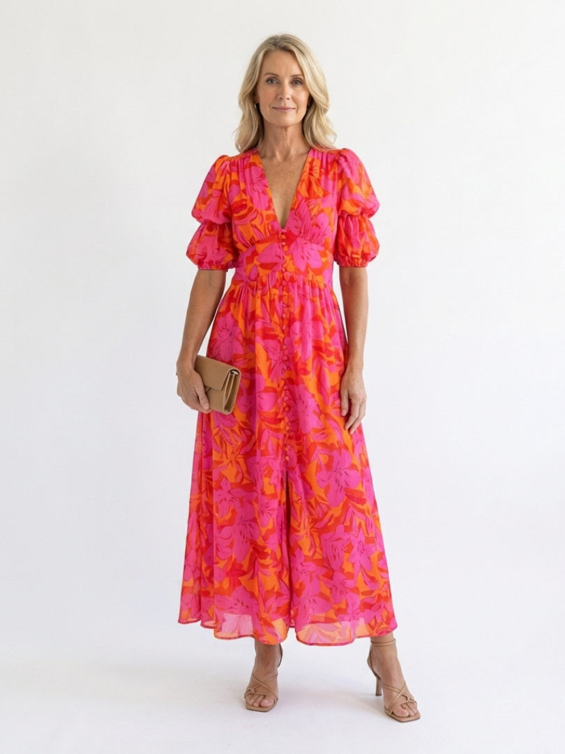 Lowri | Floral V-Neck Puff-Sleeve Midi Dress