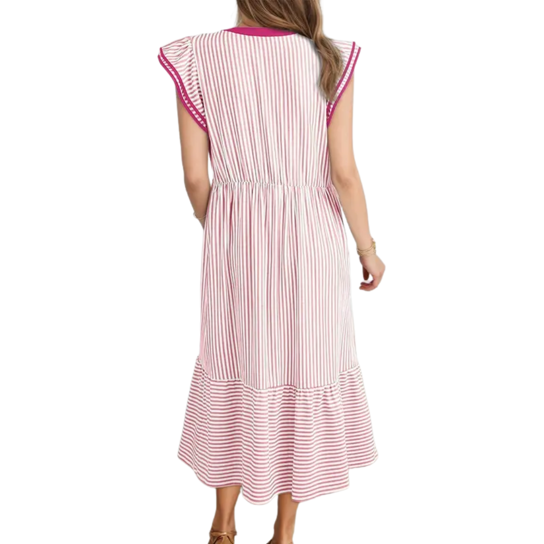 Céleste | Striped Ruffle Cap Sleeve Midi Dress