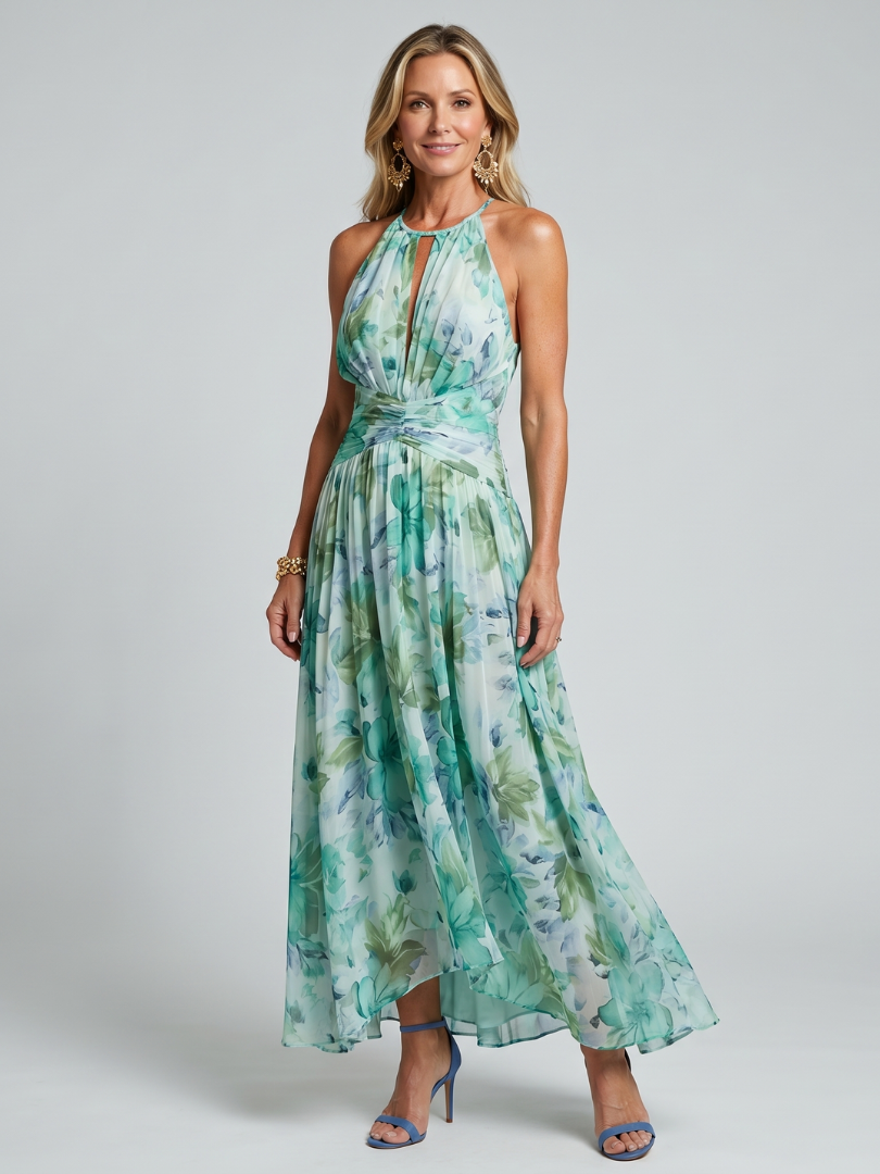 Abby | Pleated Floral Halter Midi Dress