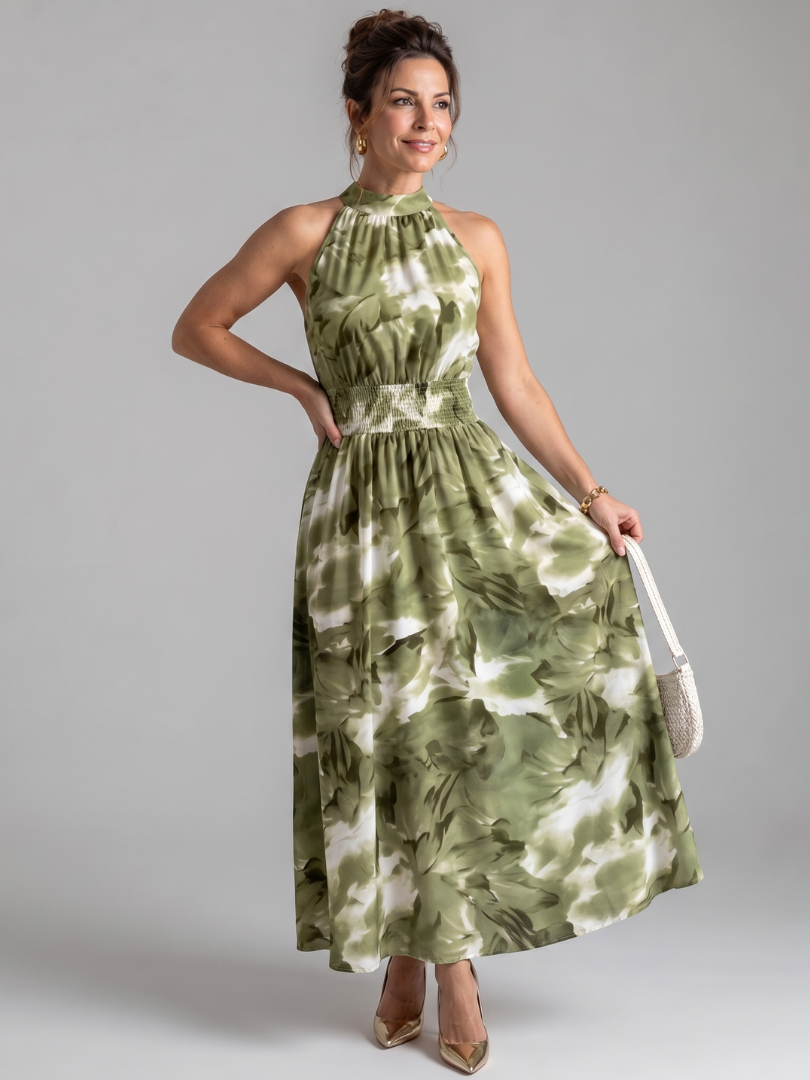 Iolanthe | Gathered Waist Abstract Print Midi Dress