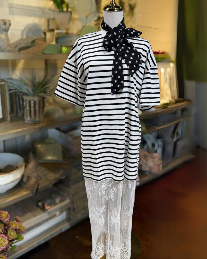 Rhiannon | Striped Lace Hem Midi Dress