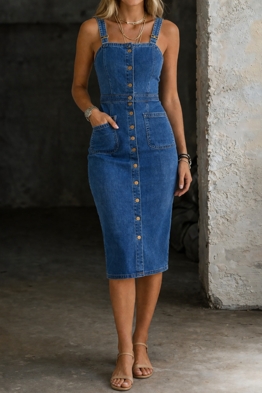 Yadira | Button-Front Denim Midi Dress