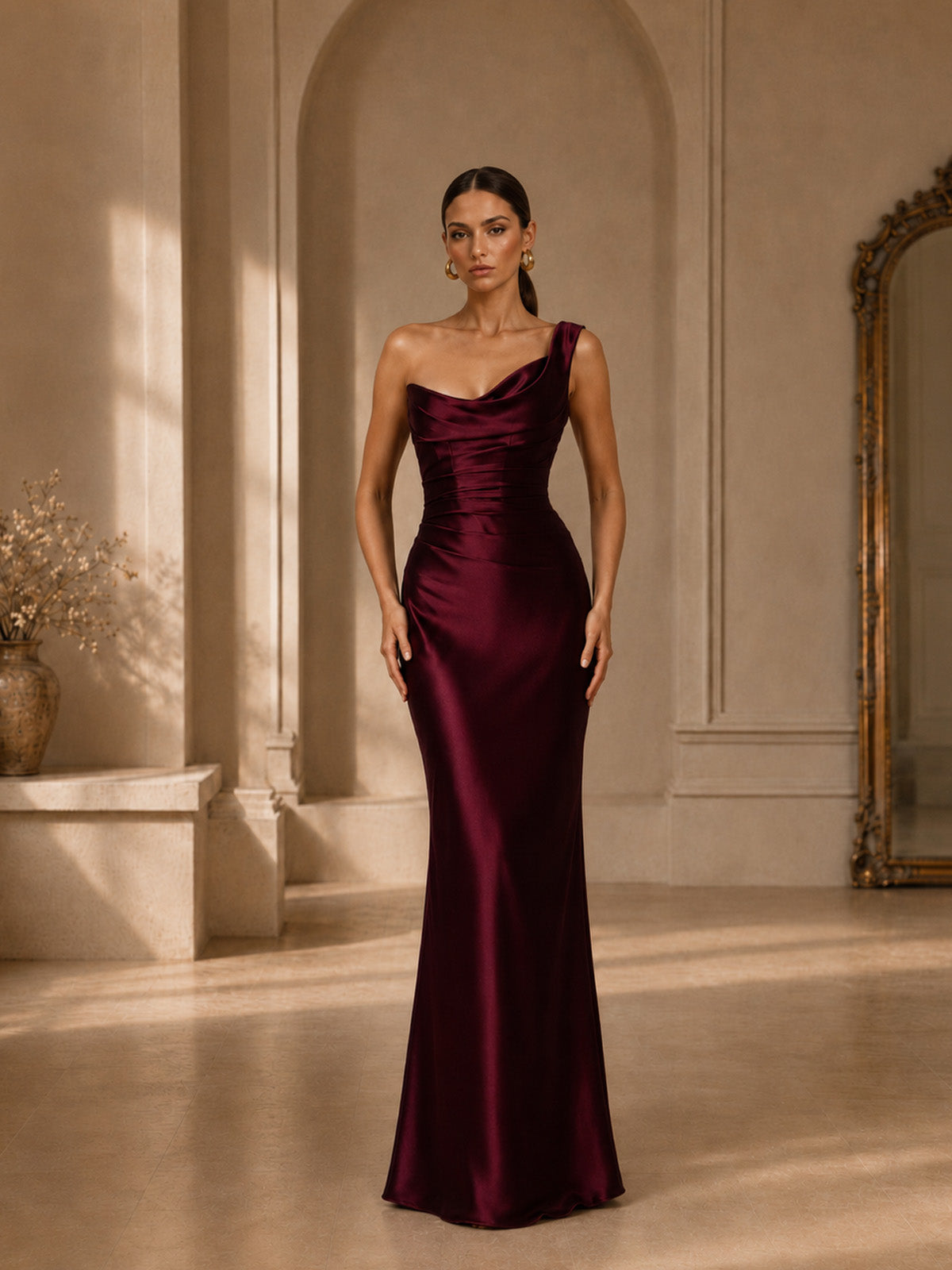 Marni | Ruched Satin One-Shoulder Maxi Dress