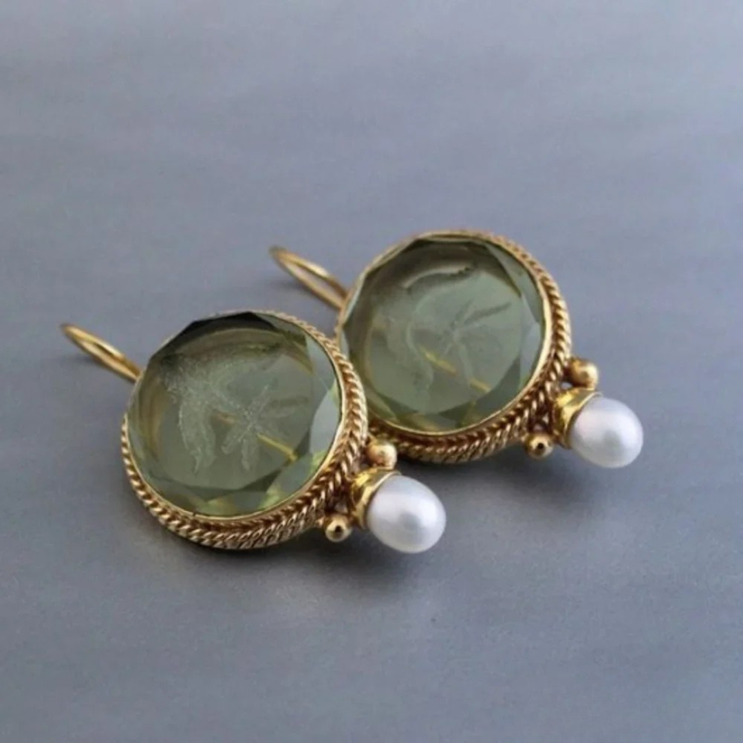 Shelby | Retro Pearl & Green Stone Earrings