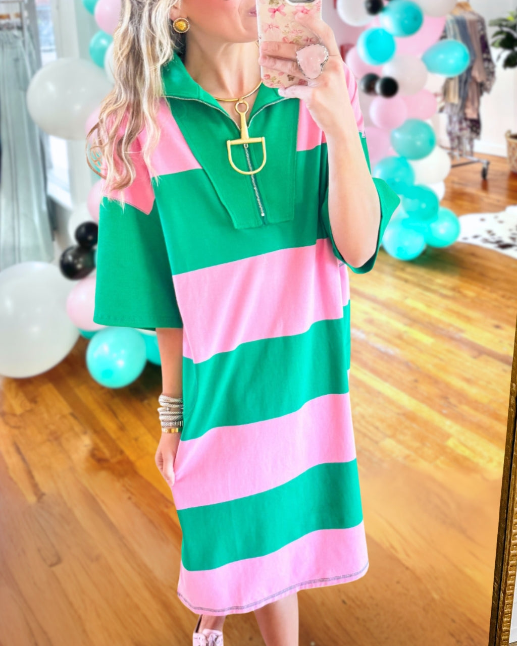 Kathy | Color-Block Striped Half-Zip Maxi Dress