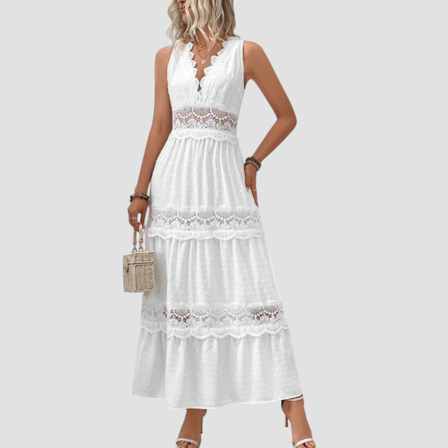 Lucille | Deep V Lace-Trim Midi Dress