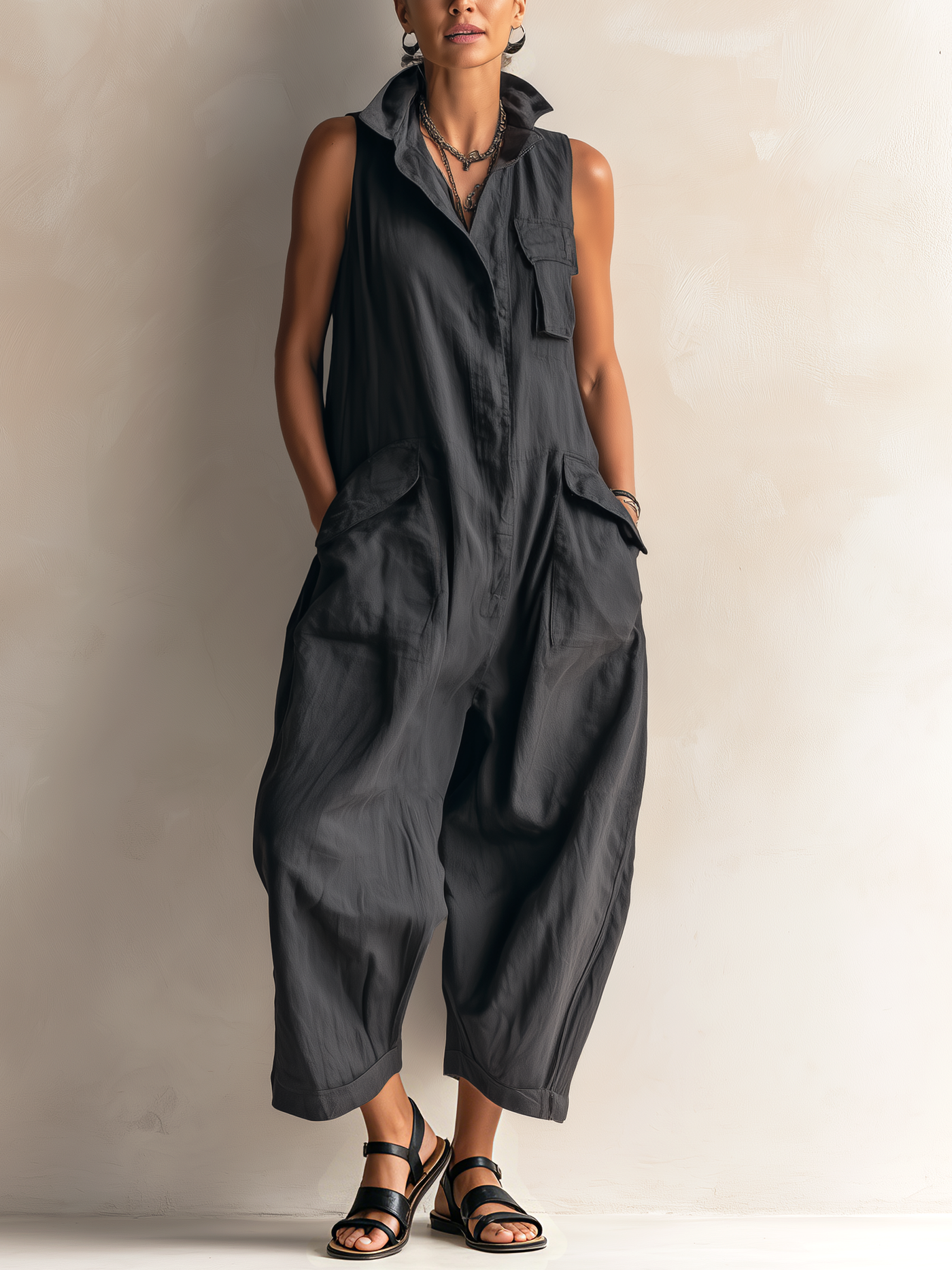 Rebecca | Utility Cotton-Blend Stand Collar Sleeveless Cropped Jumpsuit
