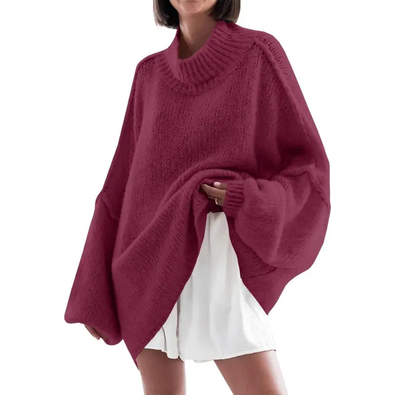 Camille | Ribbed Knit Batwing Mock Neck Tunic