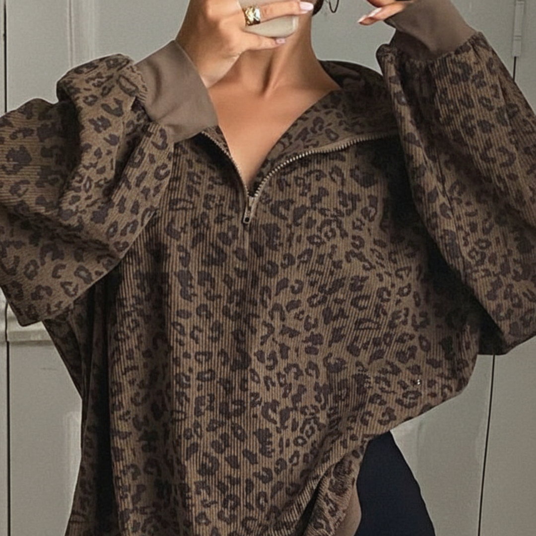 Léonie | Zip-Up Leopard Print Sweatshirt