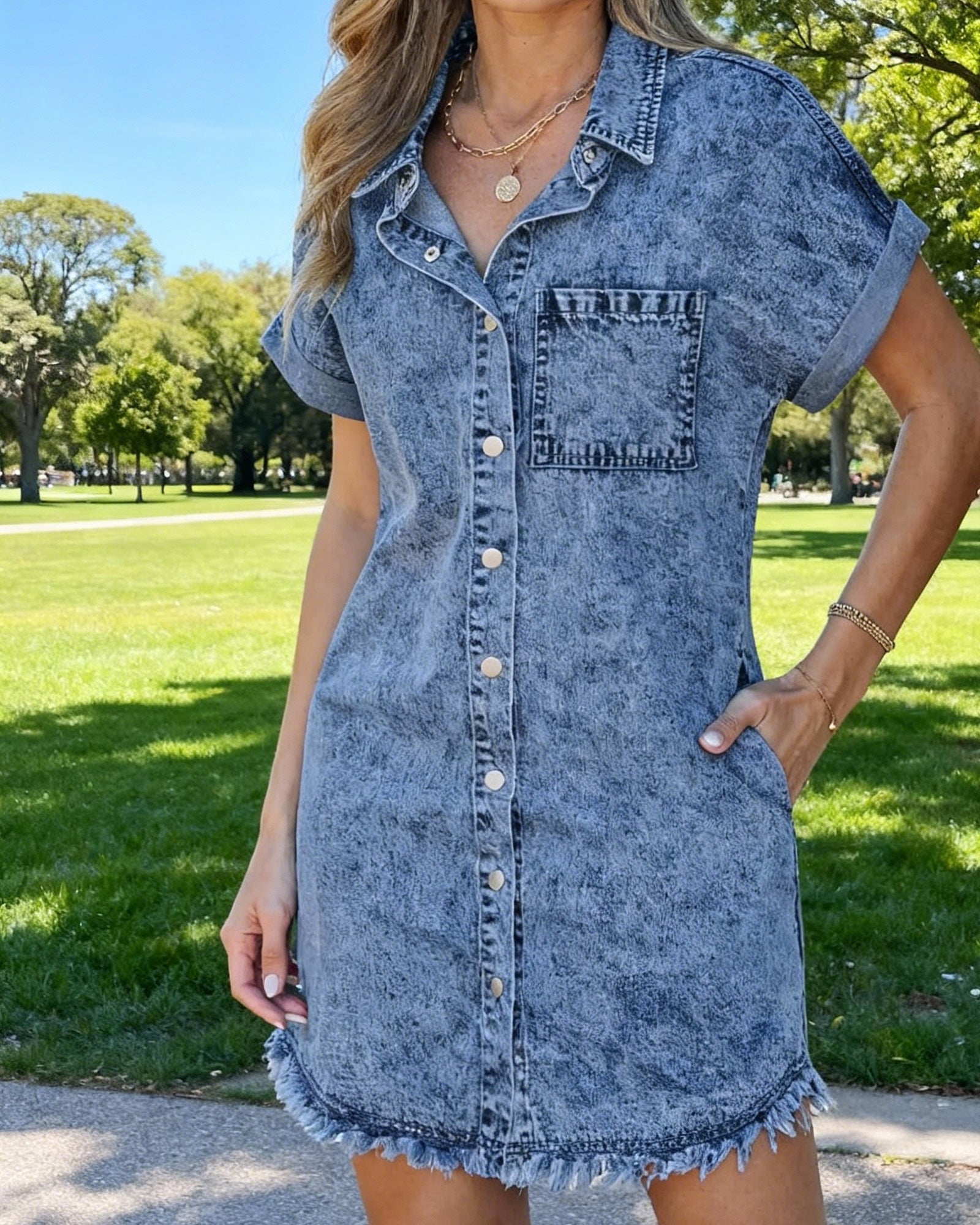 Cady | Frayed Hem Denim Shirt Dress