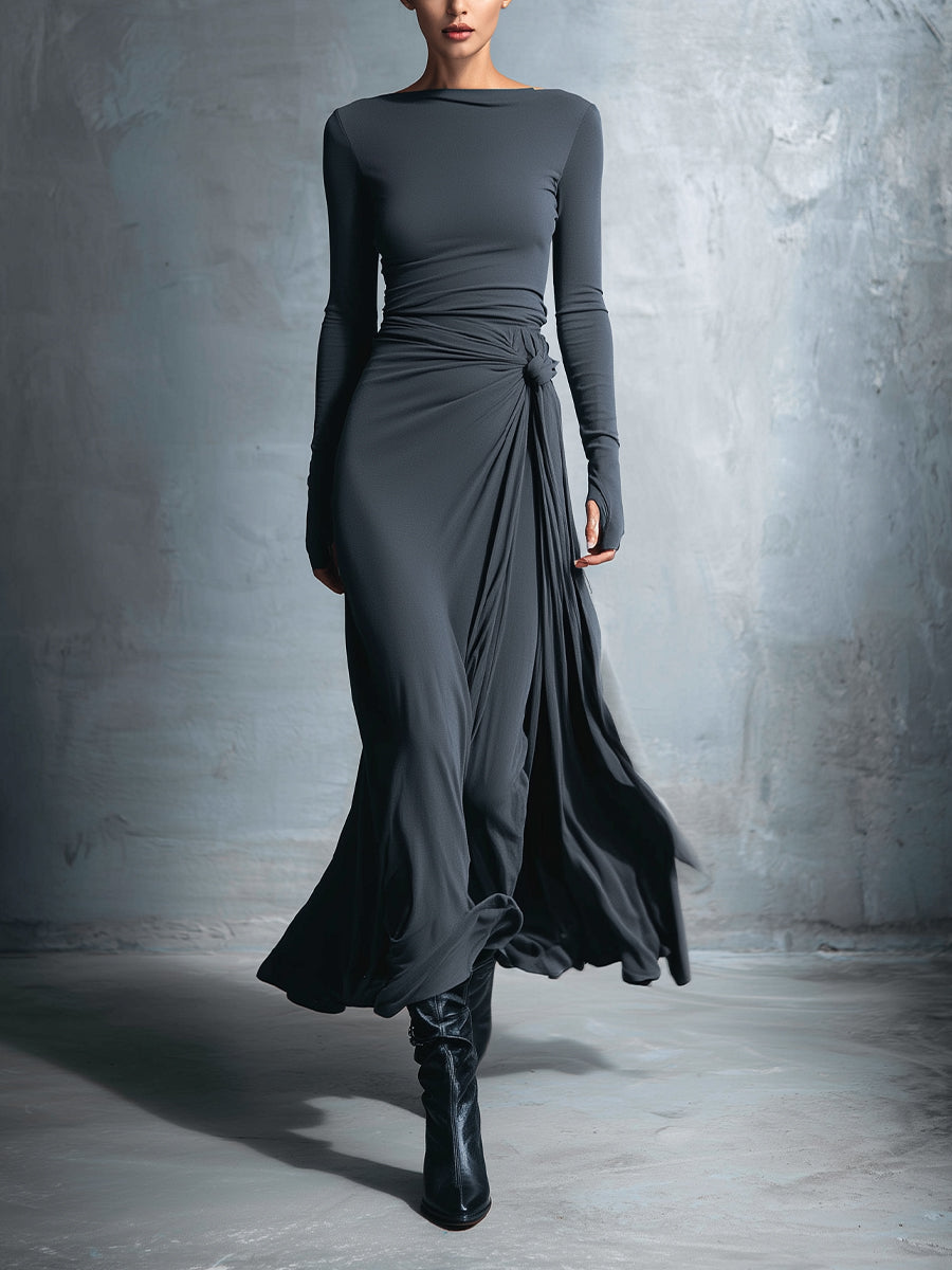 Temperance | Grey Knot-Front Maxi Dress