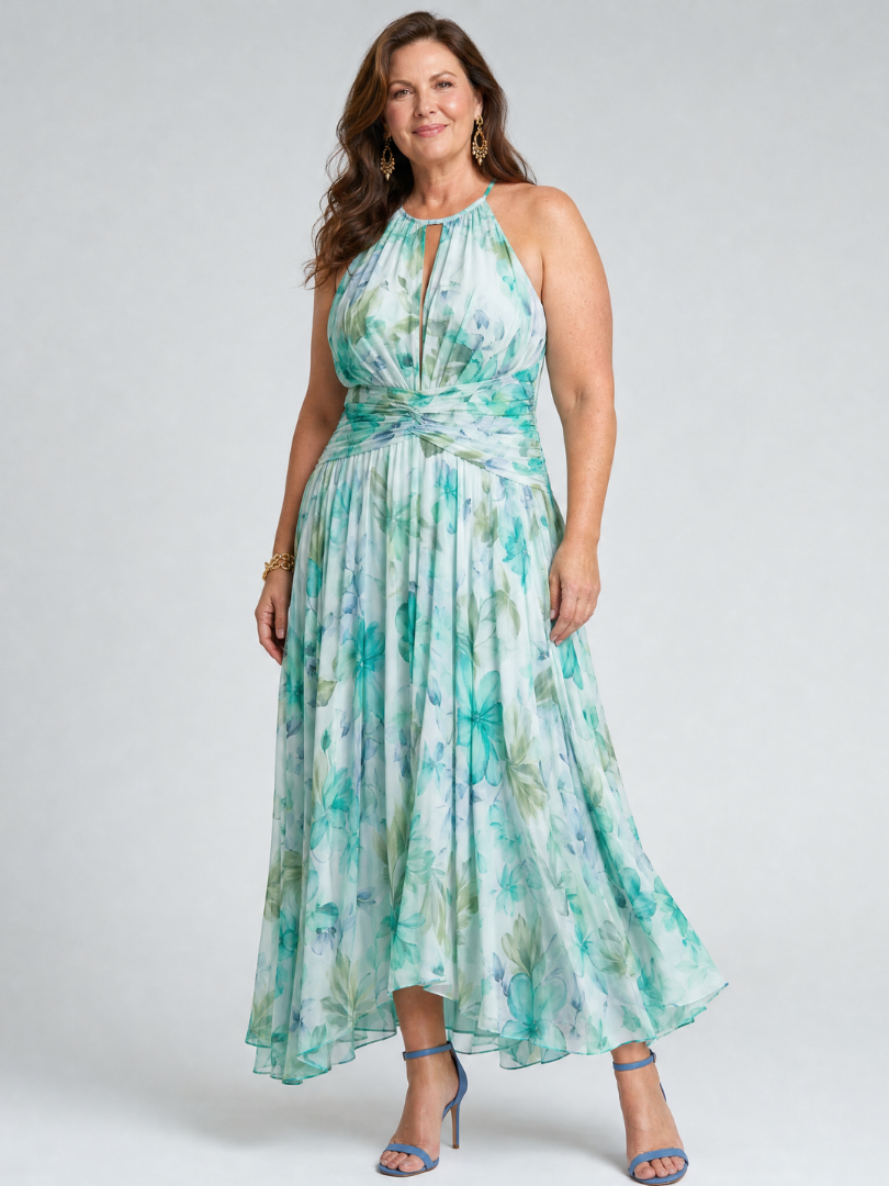 Abby | Pleated Floral Halter Midi Dress