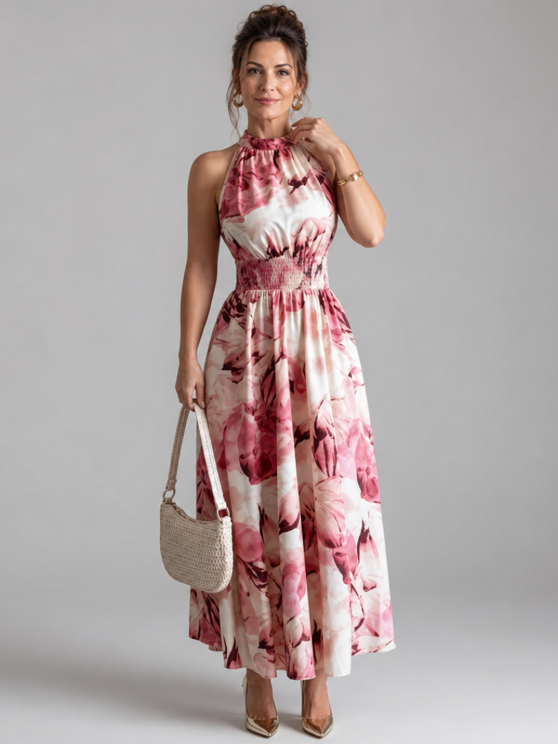Iolanthe | Gathered Waist Abstract Print Midi Dress