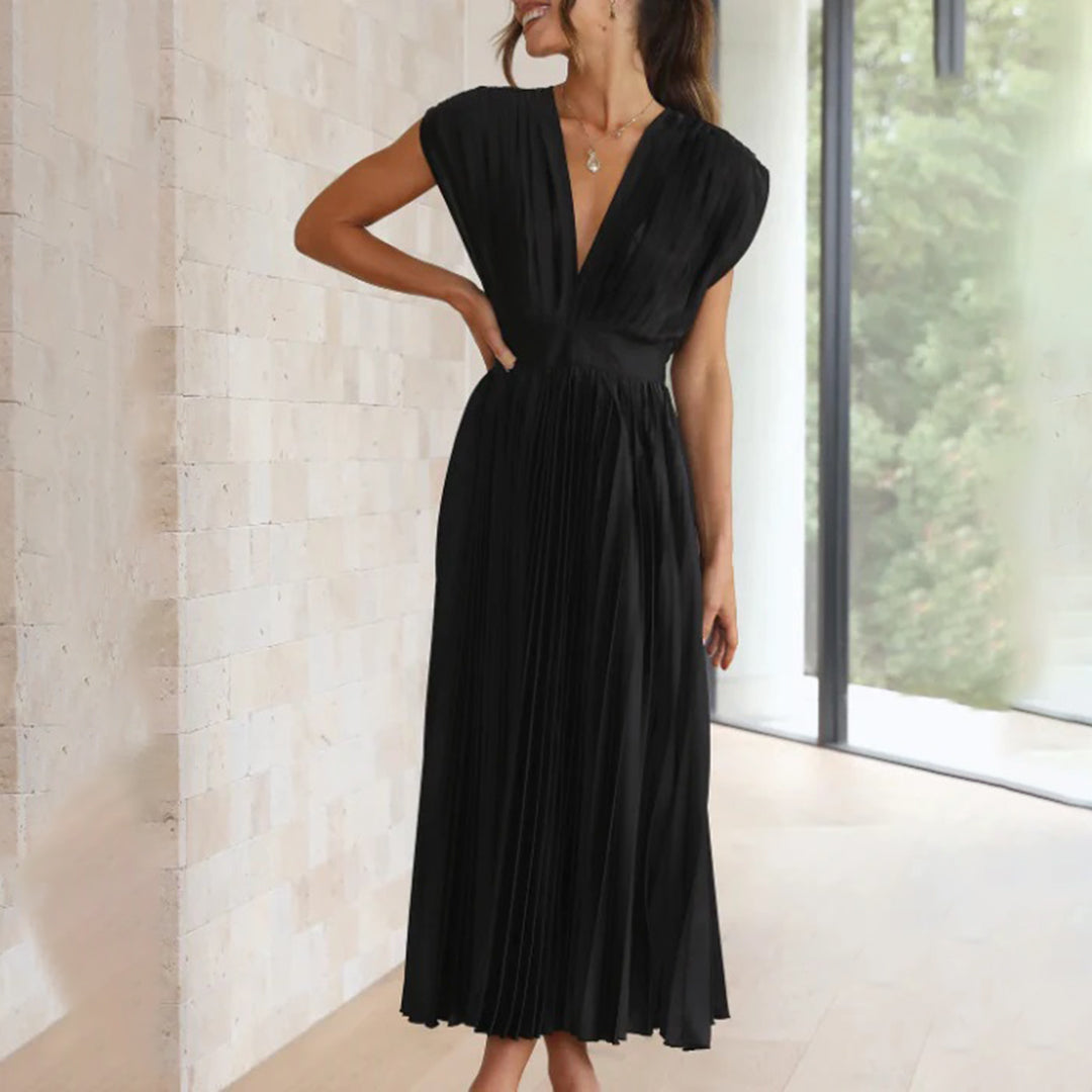 Céleste | Pleated V-Neck Elegant Dress
