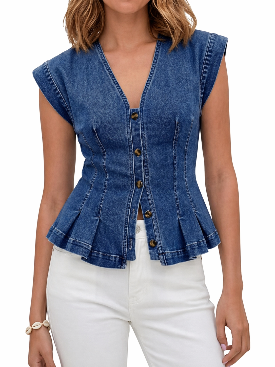 True | Sleeveless V-Neck Denim Top