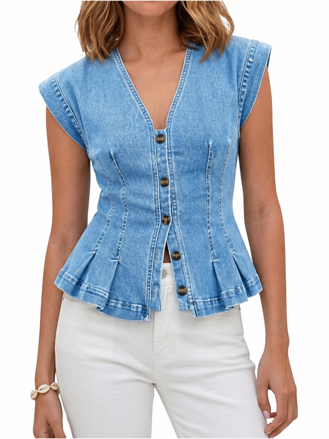 True | Sleeveless V-Neck Denim Top