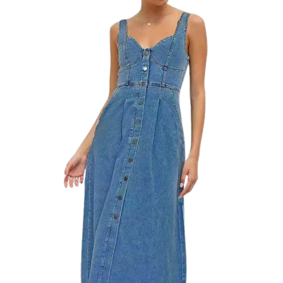 Camille | Distressed Denim Sleeveless Midi Dress