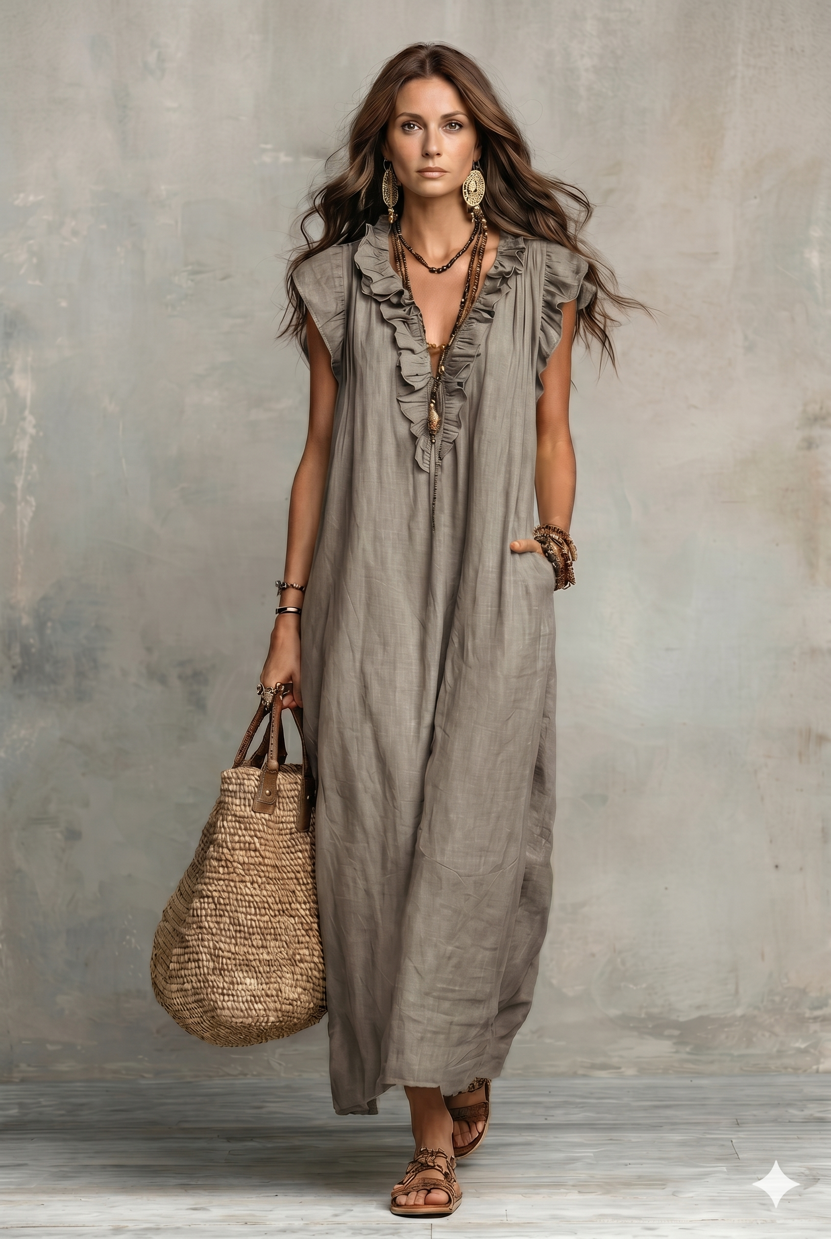 Raylee | Ruffled Cotton Linen Midi Dress