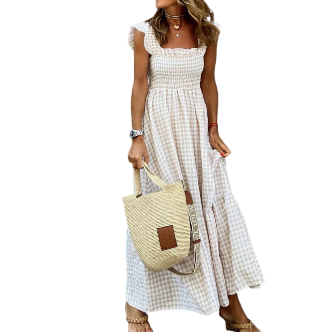 Elara | Patchwork Plaid Flared Midi Dress