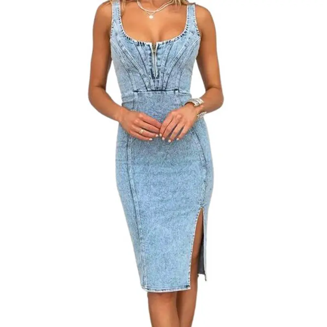 Sienna | Distressed Denim Bodycon Midi Dress