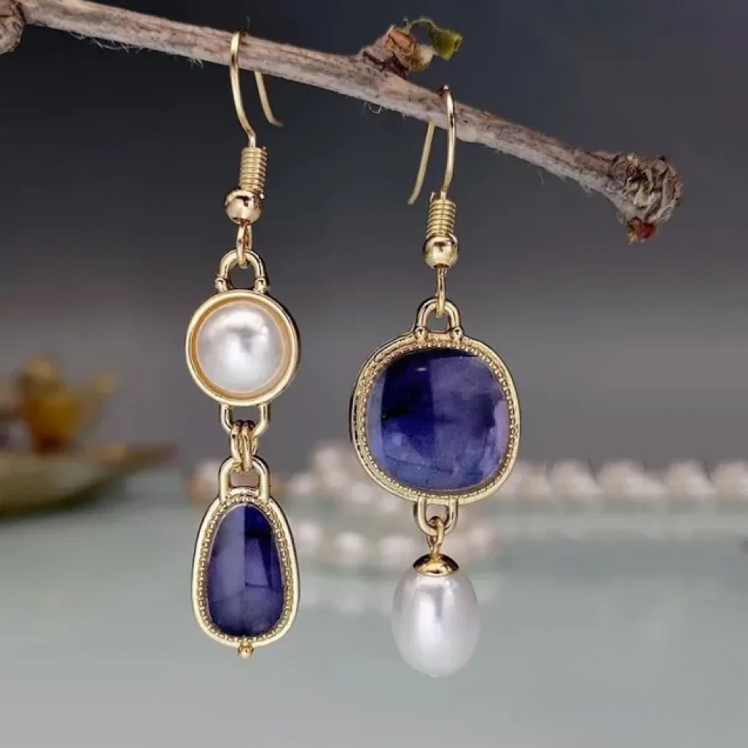 Trudy | Blue Stone Pearl Drop Earrings
