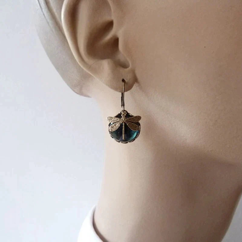 Sage | Spherical Dragonfly Antique Gold Earrings