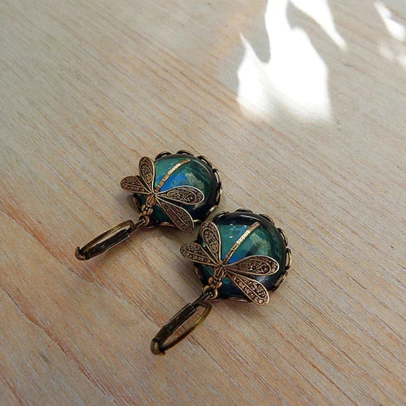 Sage | Spherical Dragonfly Antique Gold Earrings
