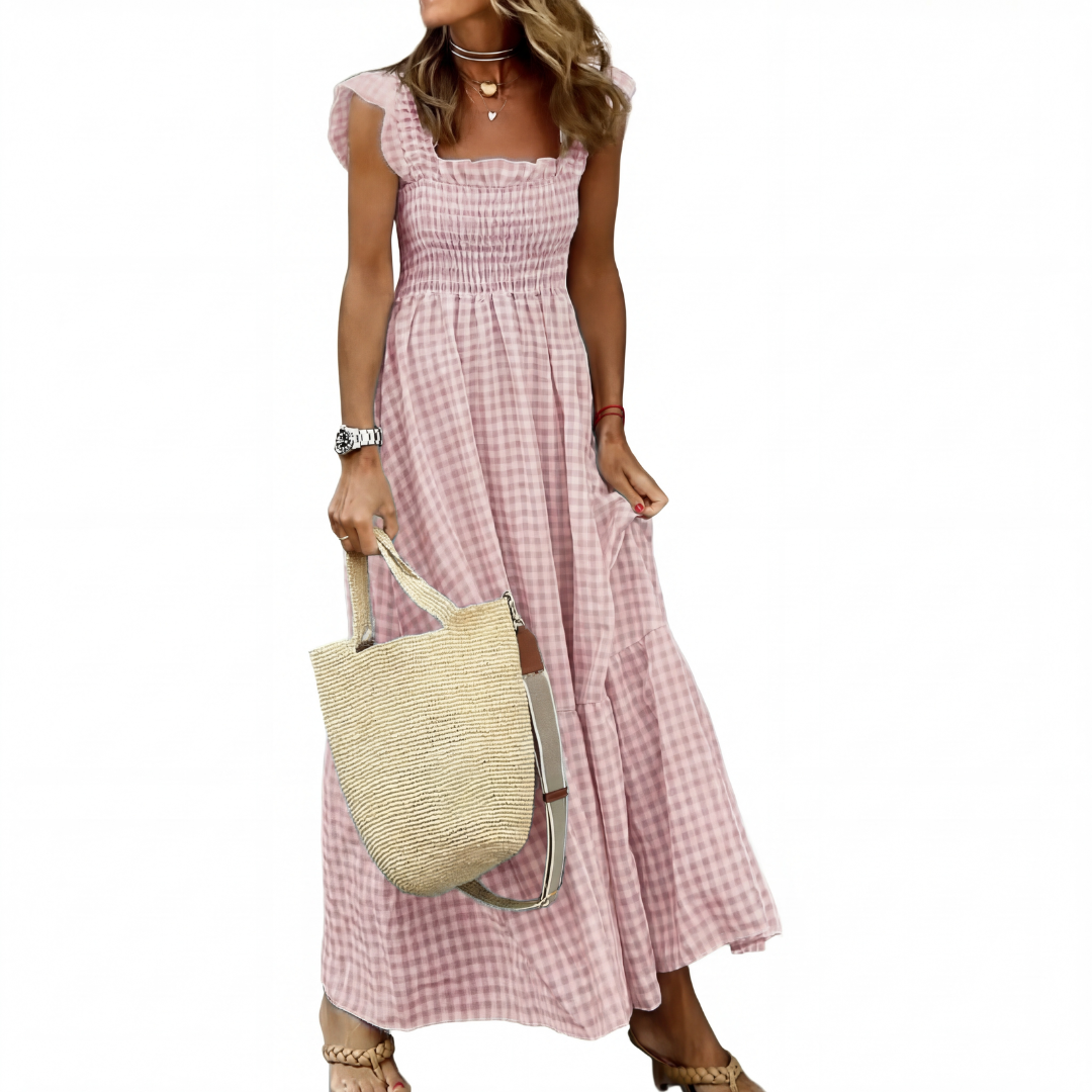 Elara | Patchwork Plaid Flared Midi Dress