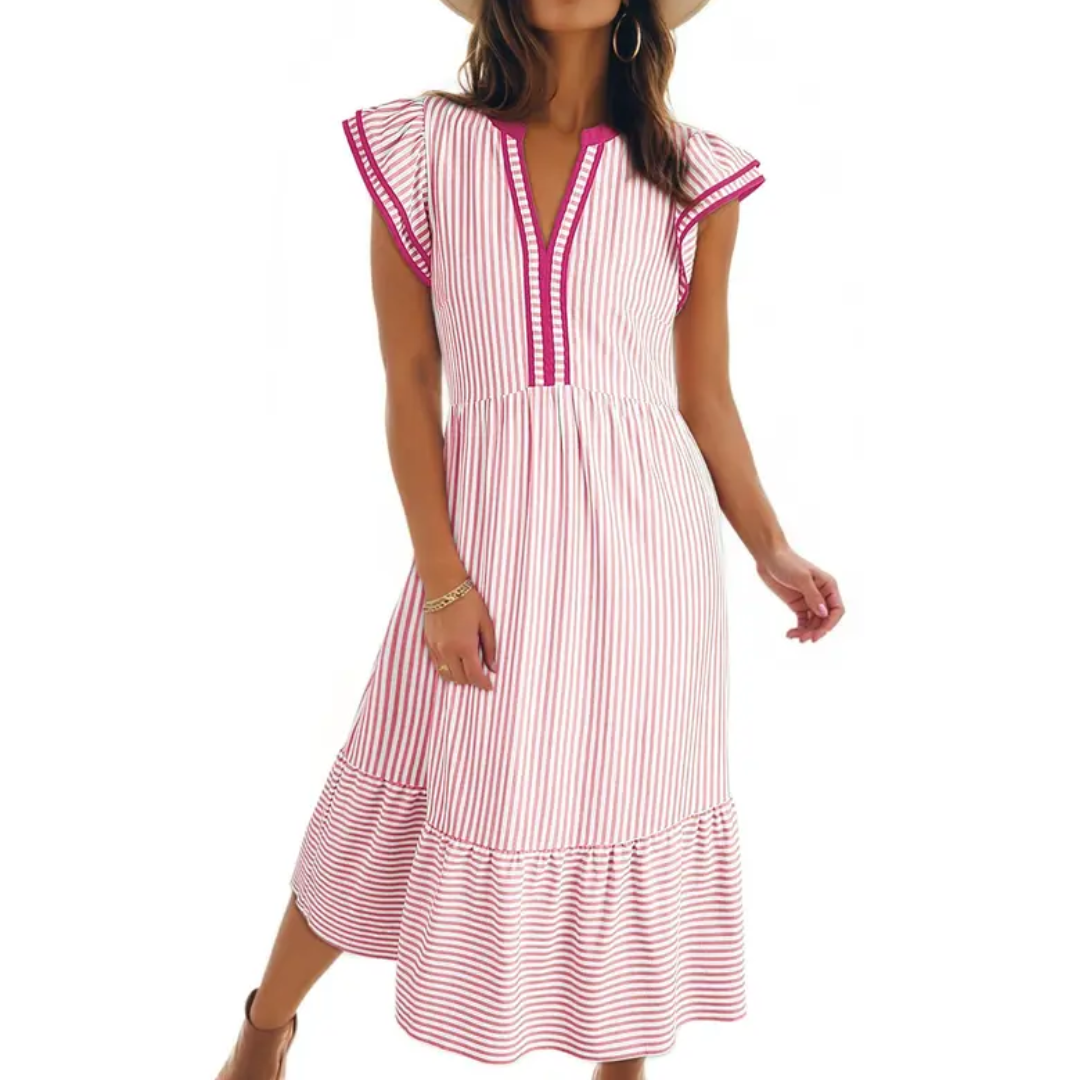 Céleste | Striped Ruffle Cap Sleeve Midi Dress