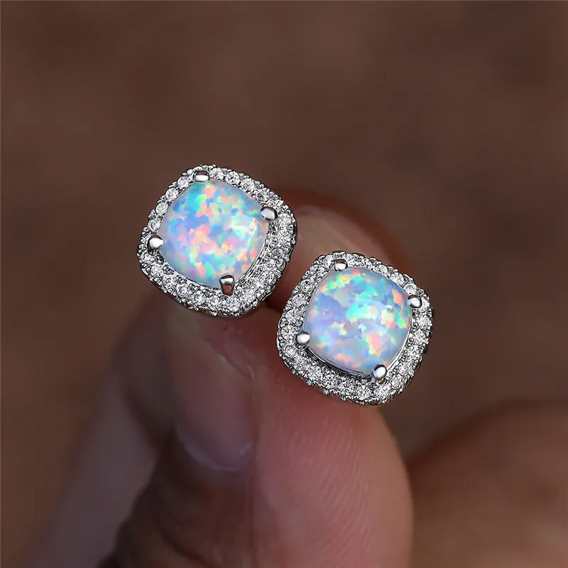 Lottie | Silver Opal Round Stud Earrings