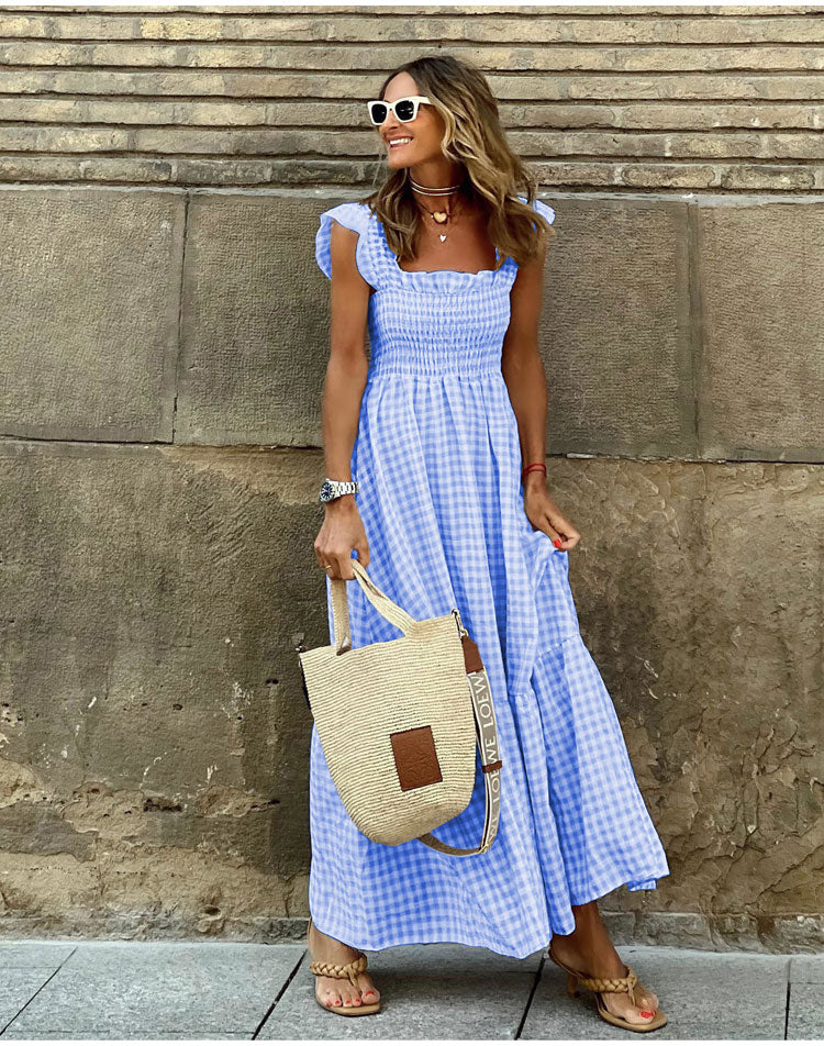 Catherine | Boho Gingham Midi Dress