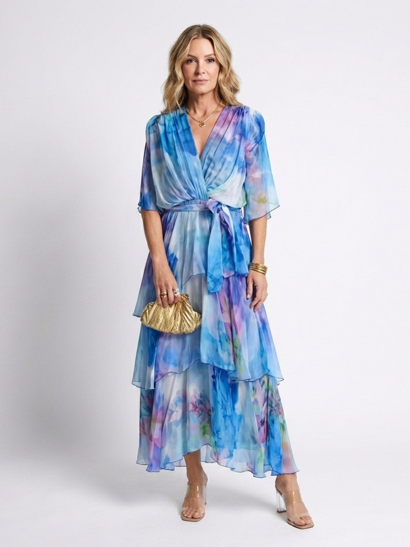 Jonquil | Sheer Layered V-Neck Maxi Dress with Bow Tie Waist