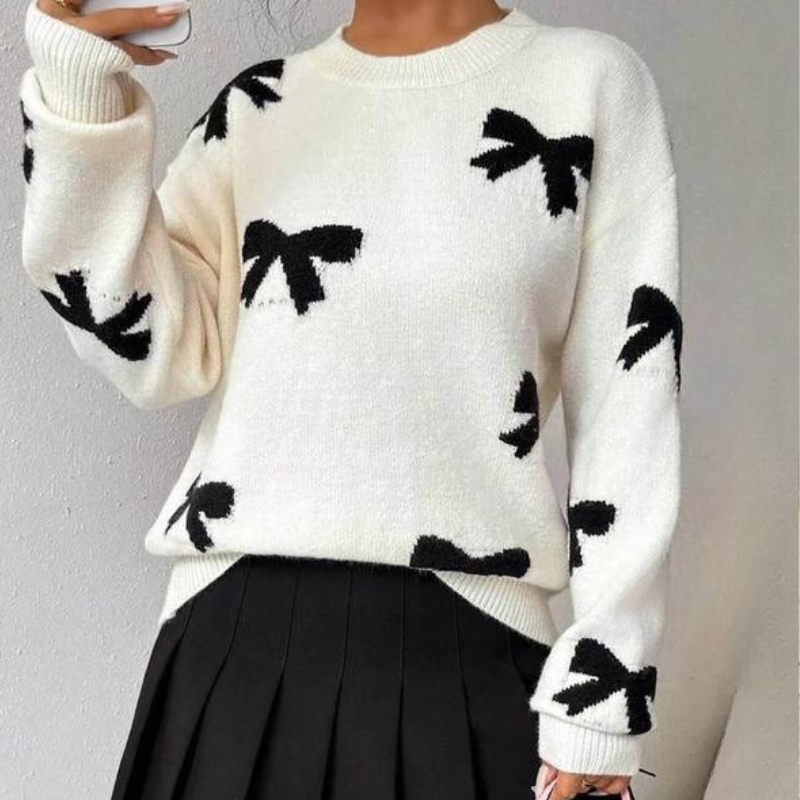 Céleste | Bow Print O-Neck Knit Pullover