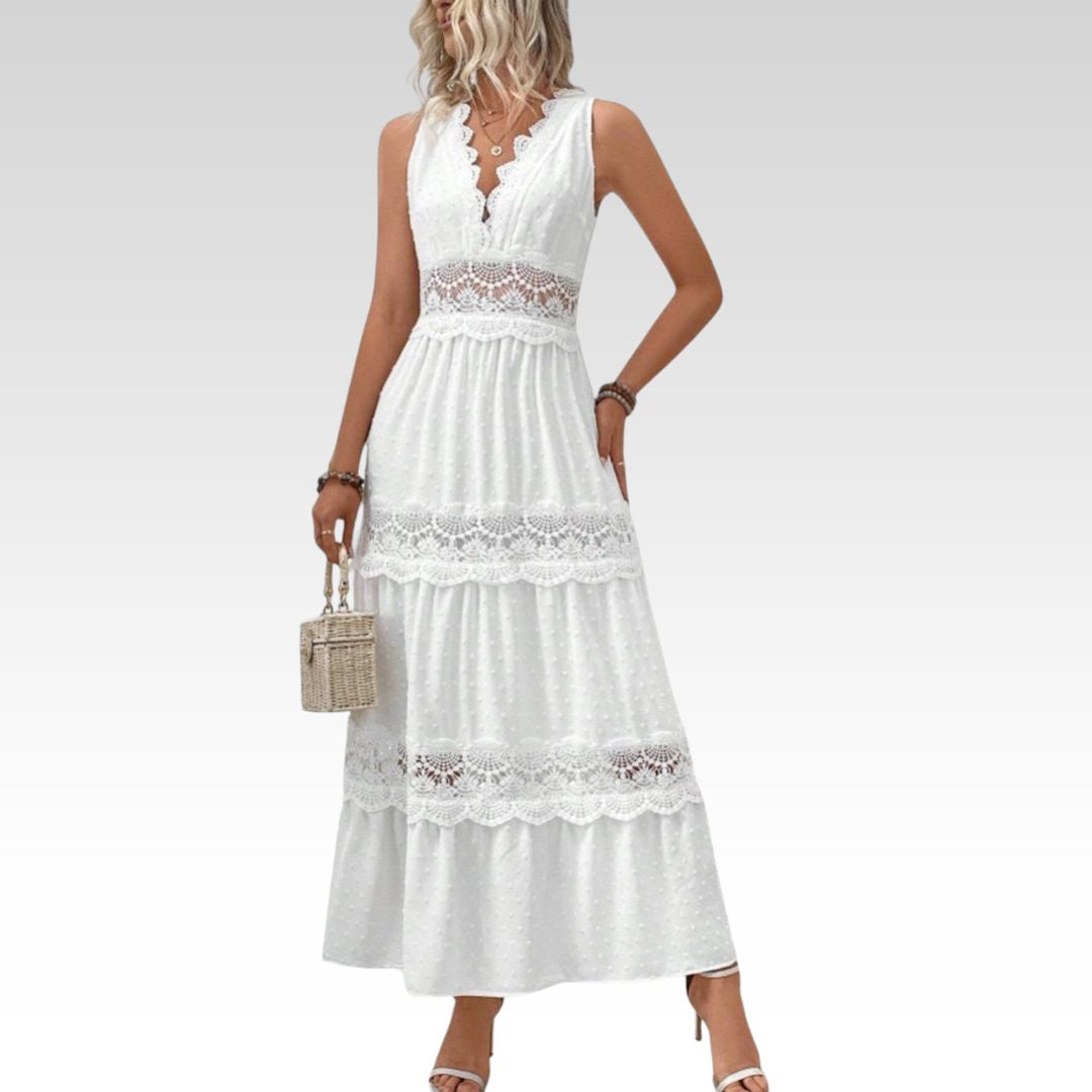 Lucille | Deep V Lace-Trim Midi Dress