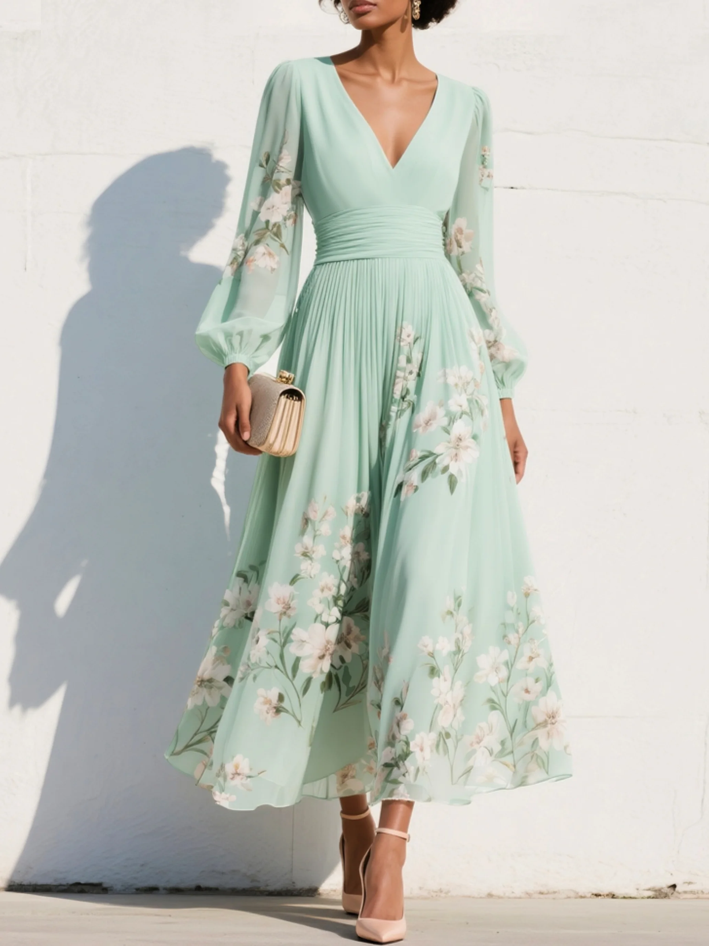 Racheal | Mint Green Floral Midi Dress