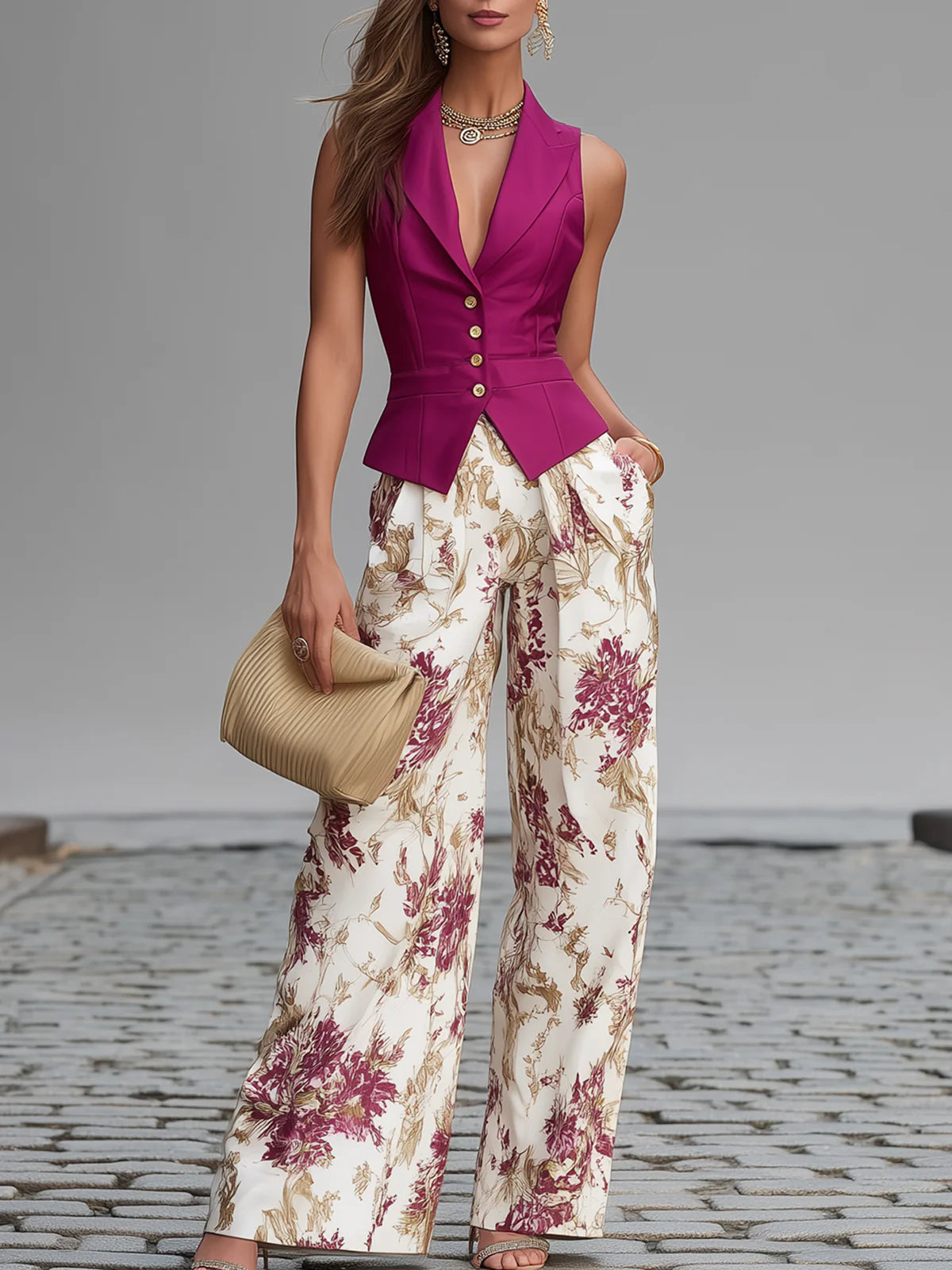 Demetria | Rose Pink Vest & Floral Wide-Leg Set