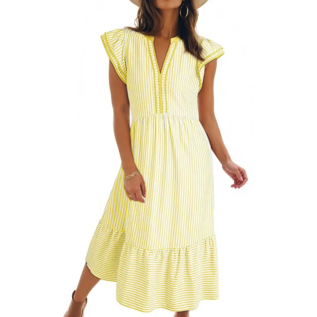 Céleste | Striped Ruffle Cap Sleeve Midi Dress