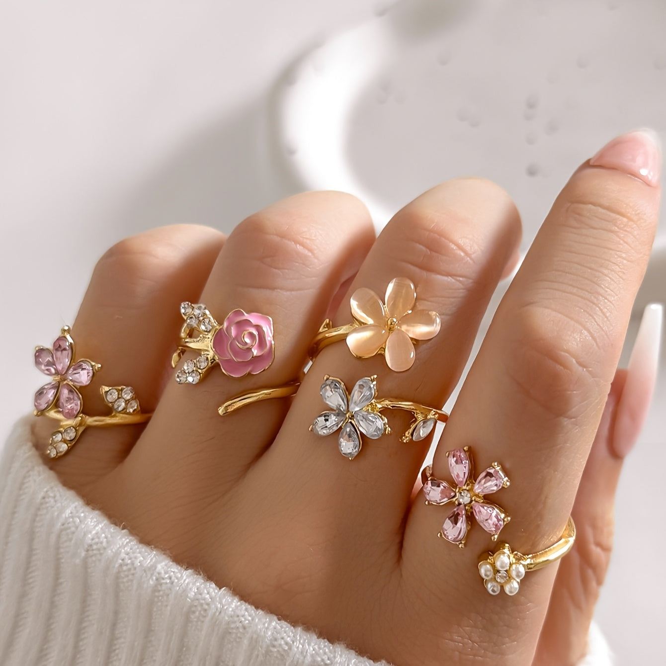 Octavia | Rhinestone Pearl Ring Set