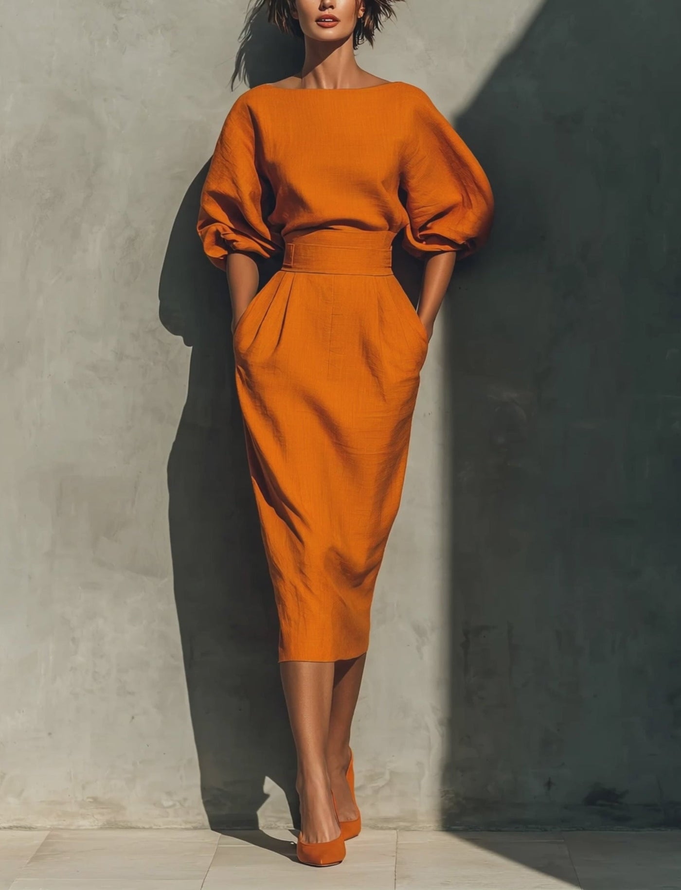 Camryn | Orange Boat-Neck Tailored Set