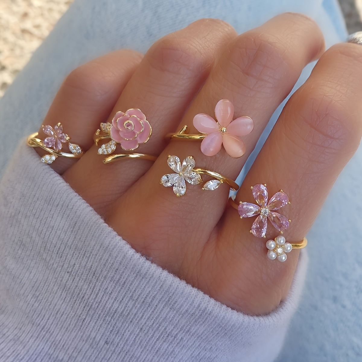 Octavia | Rhinestone Pearl Ring Set