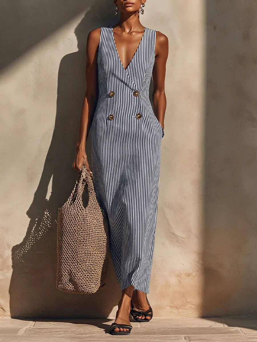 Emersyn | Striped Cotton-Blend V-Neck Jumpsuit