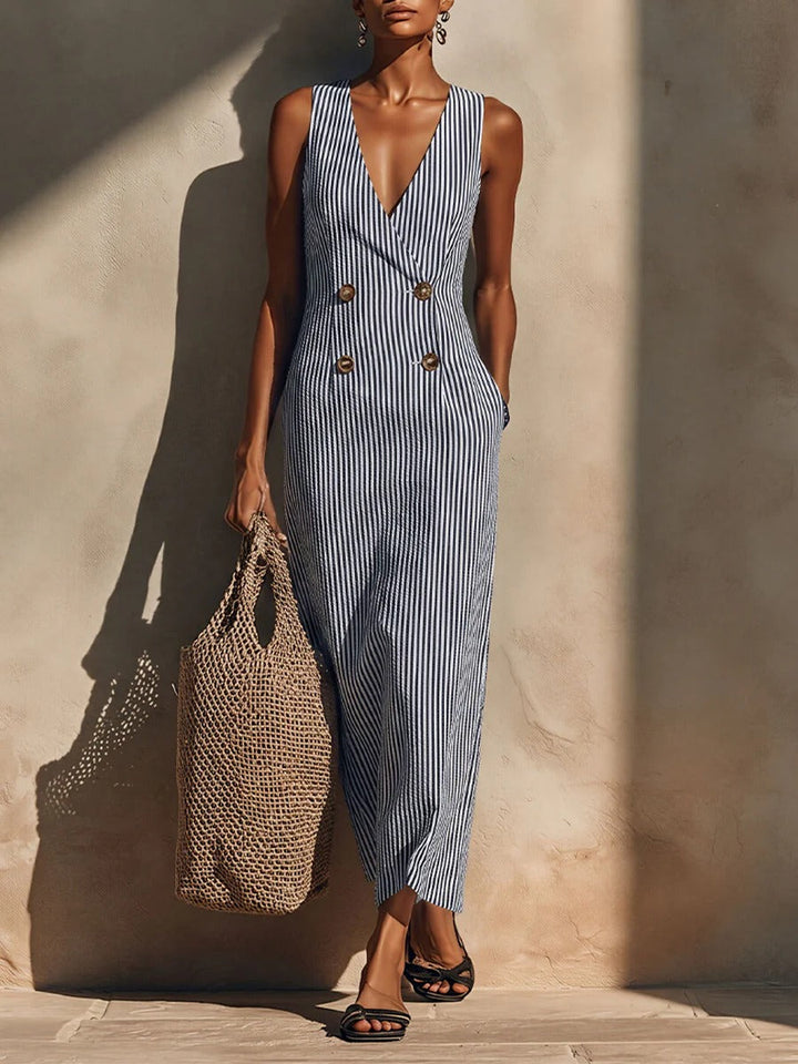 Emersyn | Striped Cotton-Blend V-Neck Jumpsuit