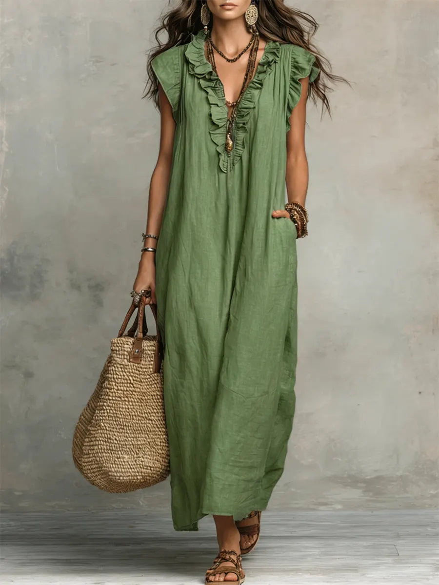 Rosemary | Ruffled V-Neck Linen Dress