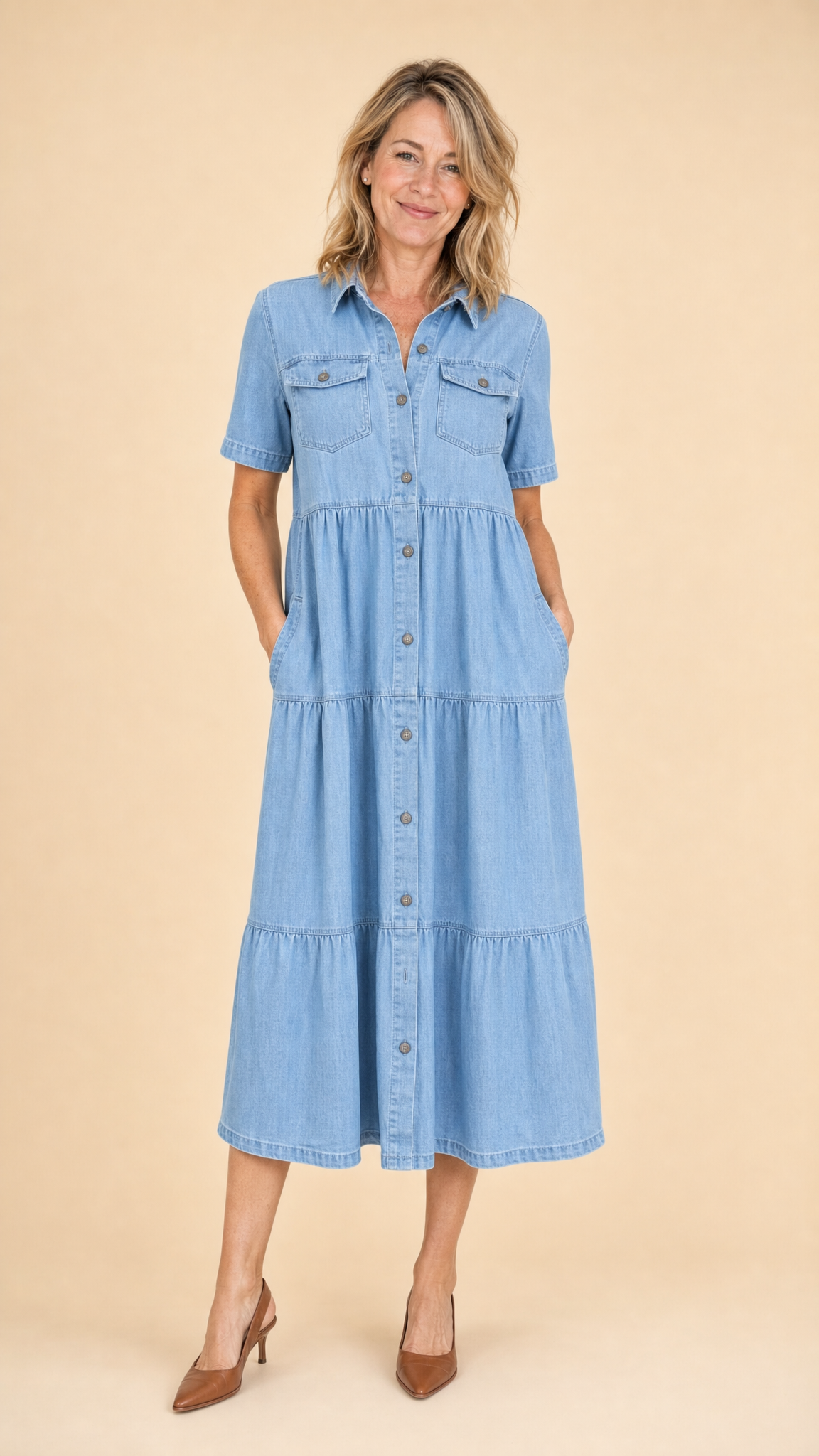 Clora | Button-Front Tiered Midi Dress
