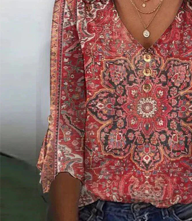 Ulrike | Red Print 3/4 Sleeve V-Neck Top