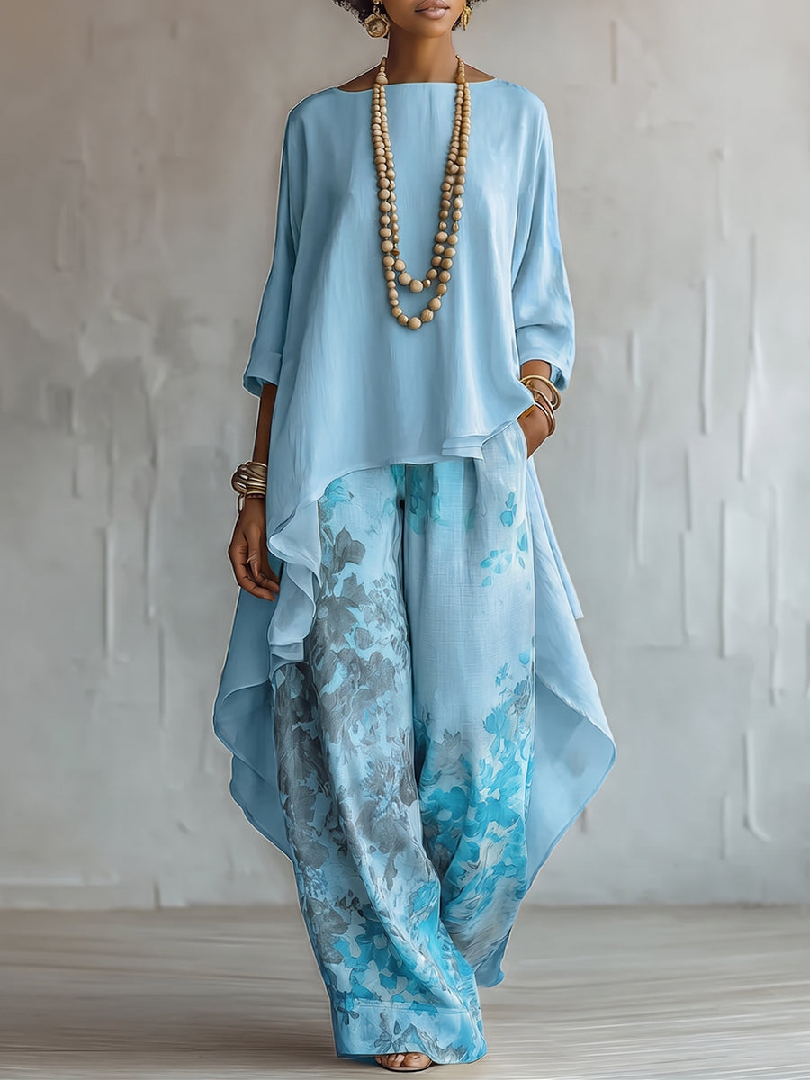 Elin | Chiffon Asymmetrical Top & Floral Wide-Leg Pants Set